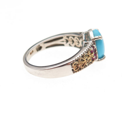 Chuck Clemency 925 Sterling Silver 2-Tone Real Turquoise & Ruby Ring Size 8.25