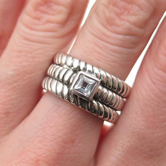 925 Sterling Silver Vintage Real Blue Topaz Oxidized 3-Row Ring Size 7.5