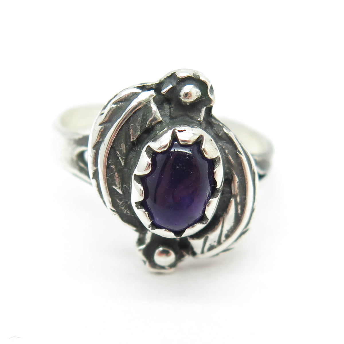 Old Pawn Sterling Silver Vintage Southwestern Amethyst Feather Ring Size 5.75