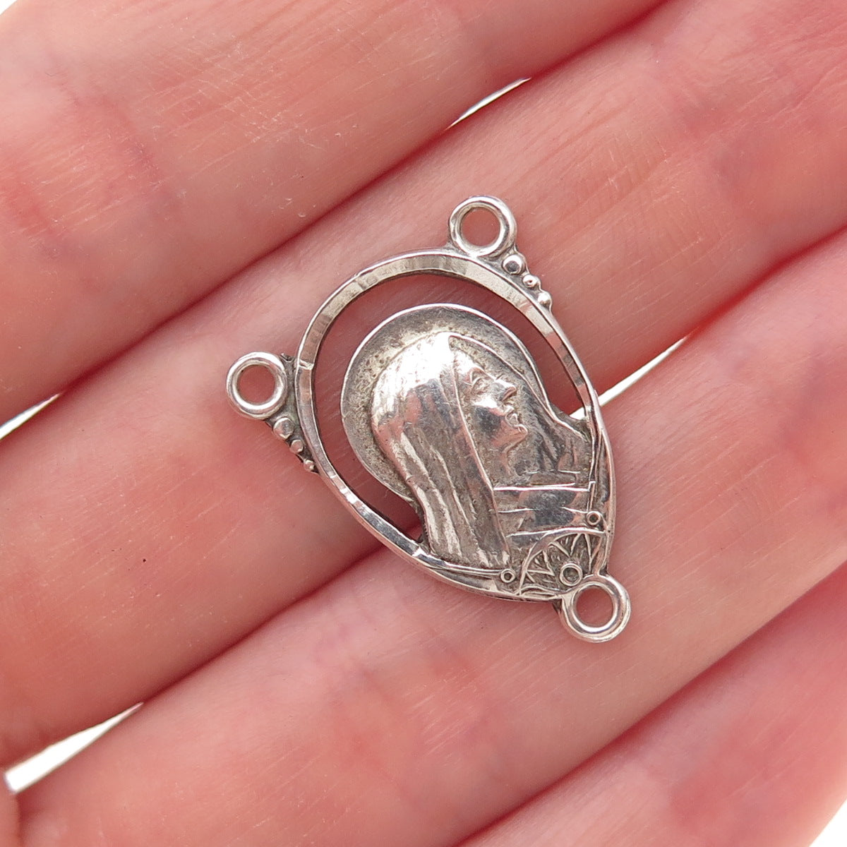 Creed 925 Sterling Silver Antique Art Deco St. Mary & Jesus Rosary Chain Pendant