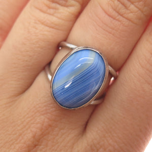925 Sterling Silver Vintage Real Blue Lace Agate Modernist Ring Size 6.5