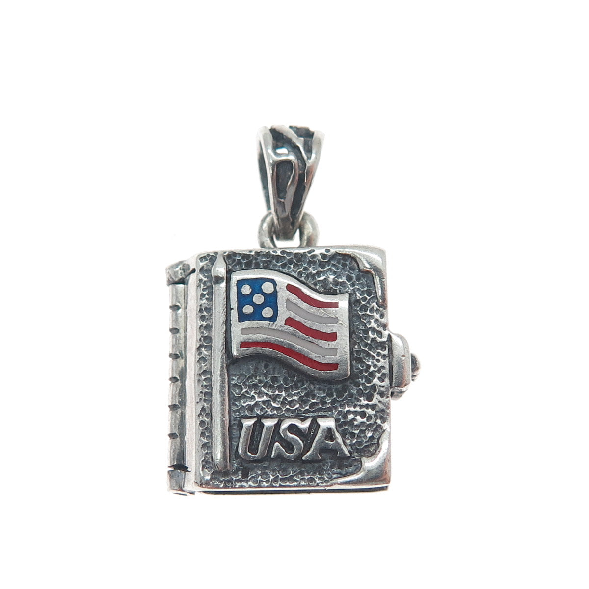 925 Sterling Silver Vintage Enamel USA Flag Cross Locket Oxidized Charm Pendant
