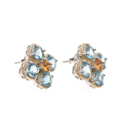 FADI 925 Sterling Silver 2-Tone Real Blue Topaz & Citrine Flower Earrings