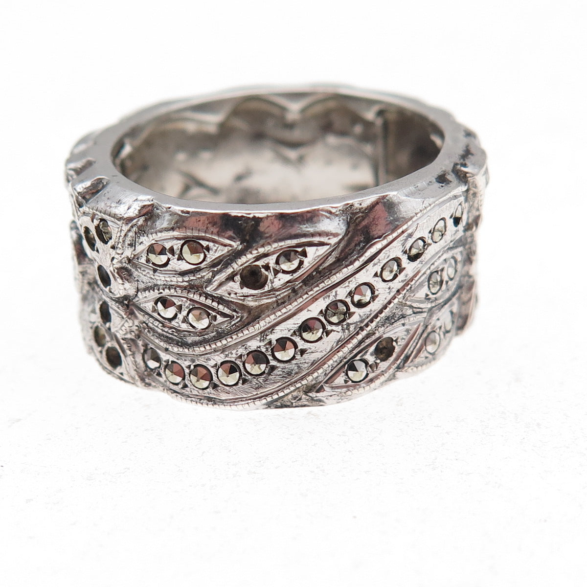 925 Sterling Antique Art Deco Marcasite Floral Ring Size 7.25 (missing stones)