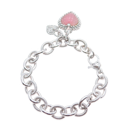 JUDITH RIPKA Sterling Silver Real Rose Quartz & C Z Heart Charm Bracelet 6.5"