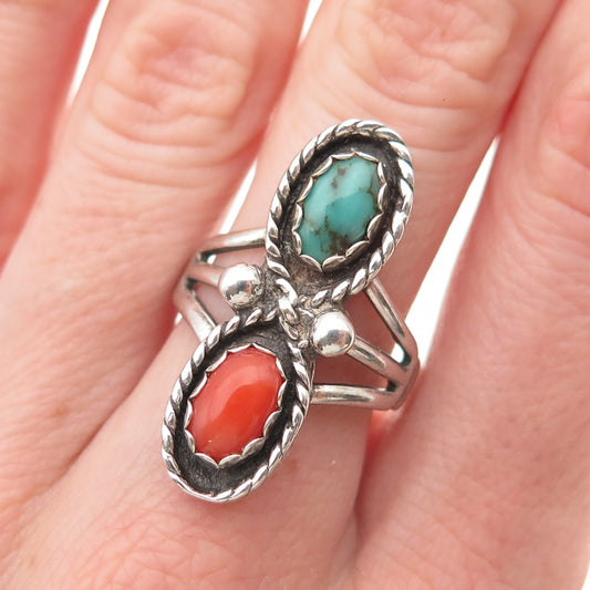 Maisels Indian Old Pawn 925 Sterling Silver Vintage Turquoise Coral Ring Size 8