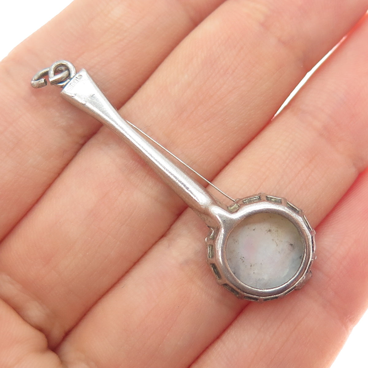 925 Sterling Silver Antique Art Deco Real MOP Banjo Music Instrument Pendant