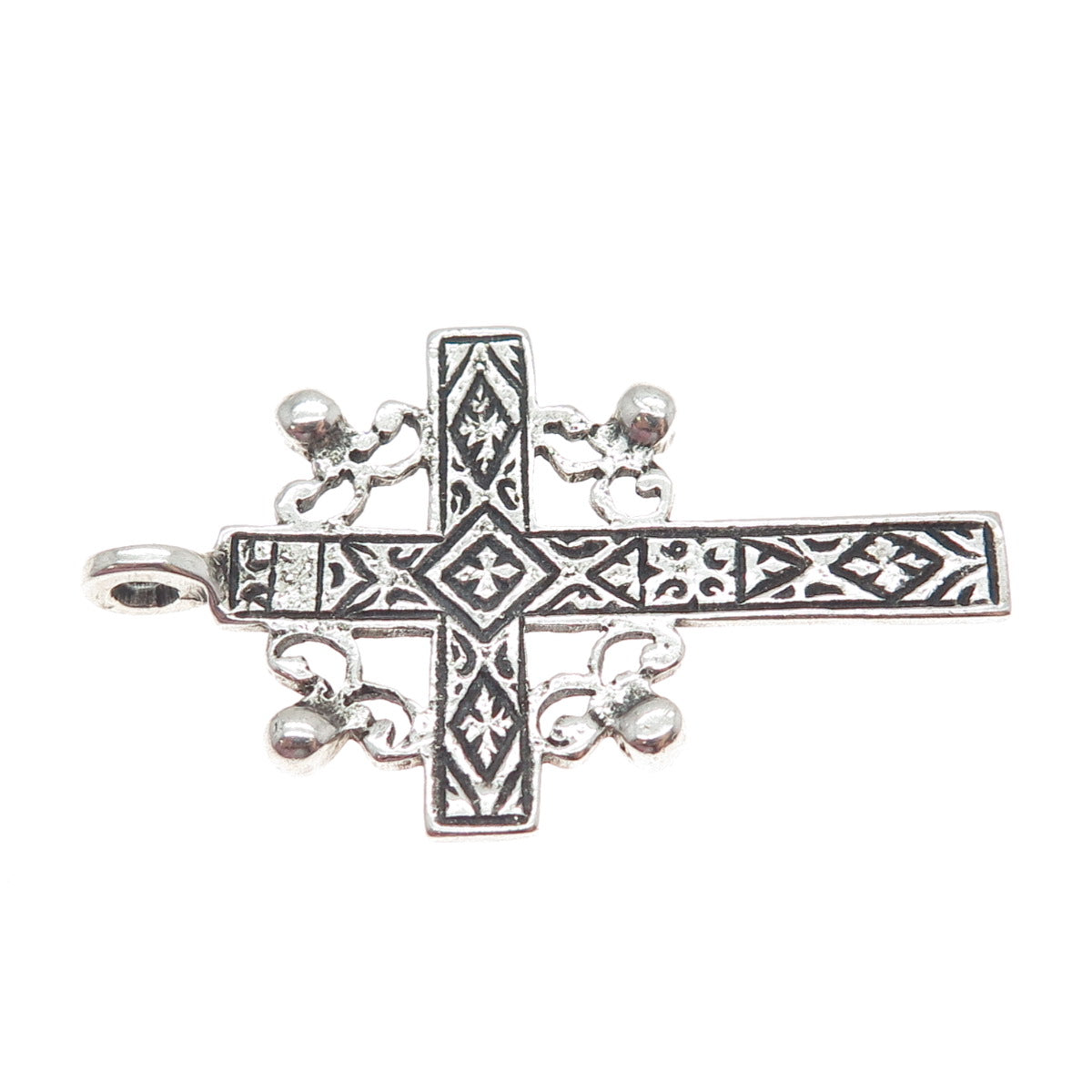 925 Sterling Silver Vintage Ornate Orthodox Cross Oxidized Pendant