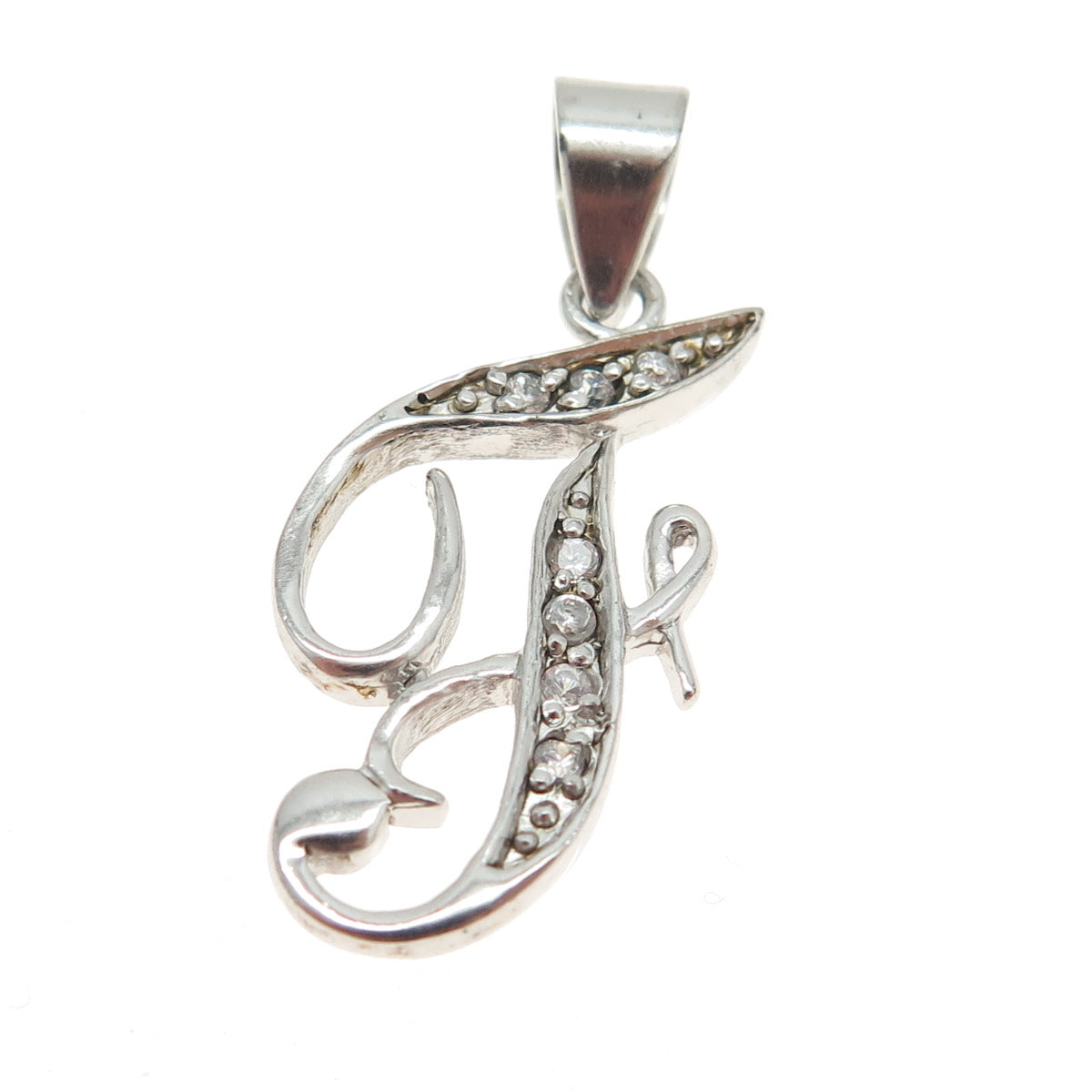 925 Sterling Silver Round-Cut C Z Letter "F" Initial Pendant