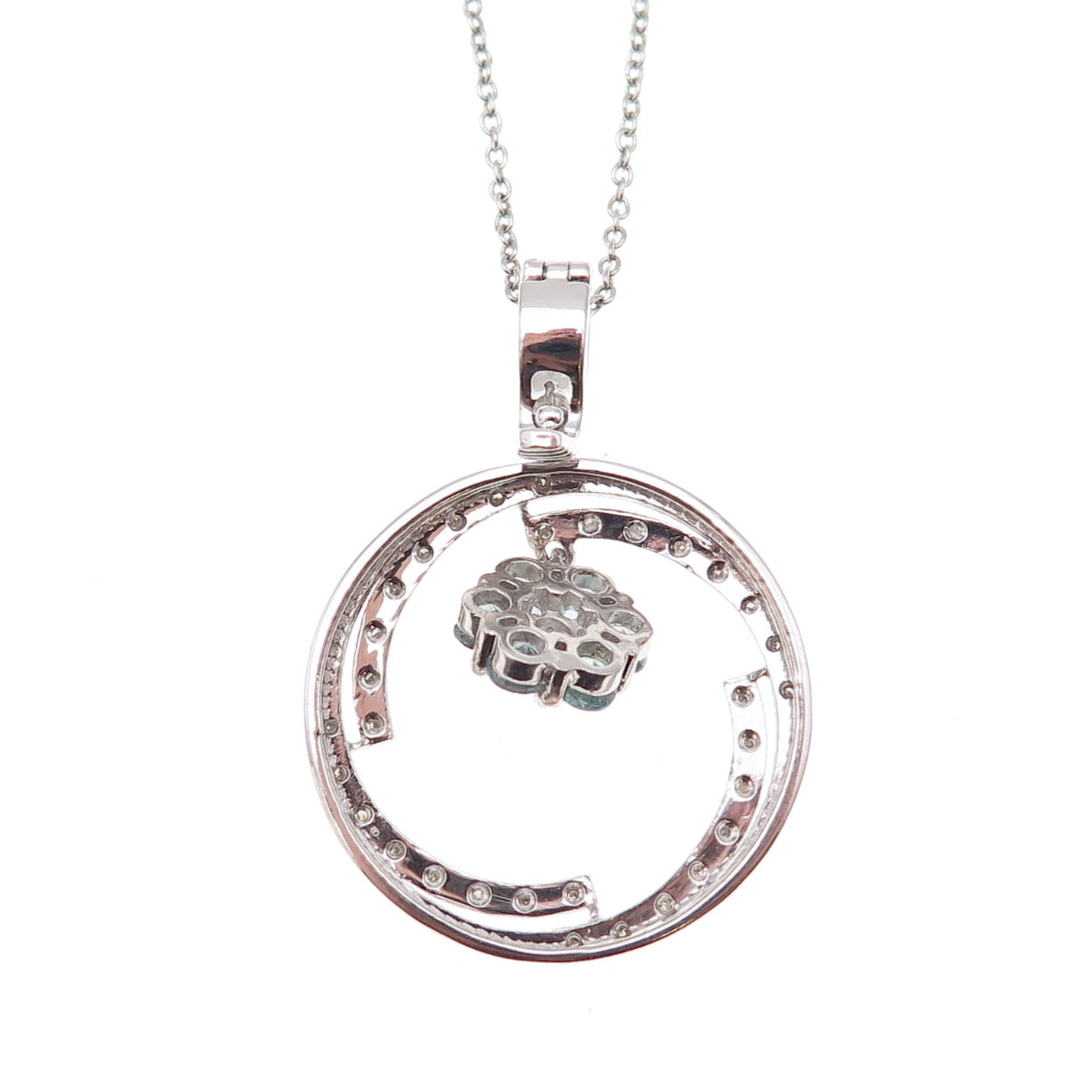 925 Sterling Mexico Real Diamond & Aquamarine Circle of Life Chain Necklace 18"