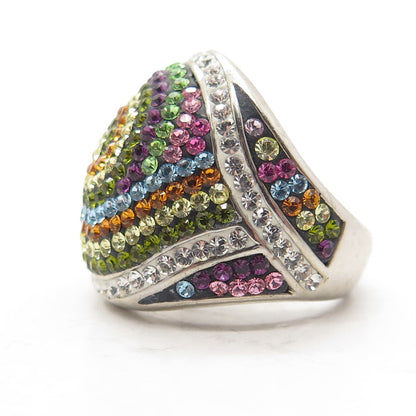 925 Sterling Silver Multi-Color Rhinestone Domed Ring Size 7.75