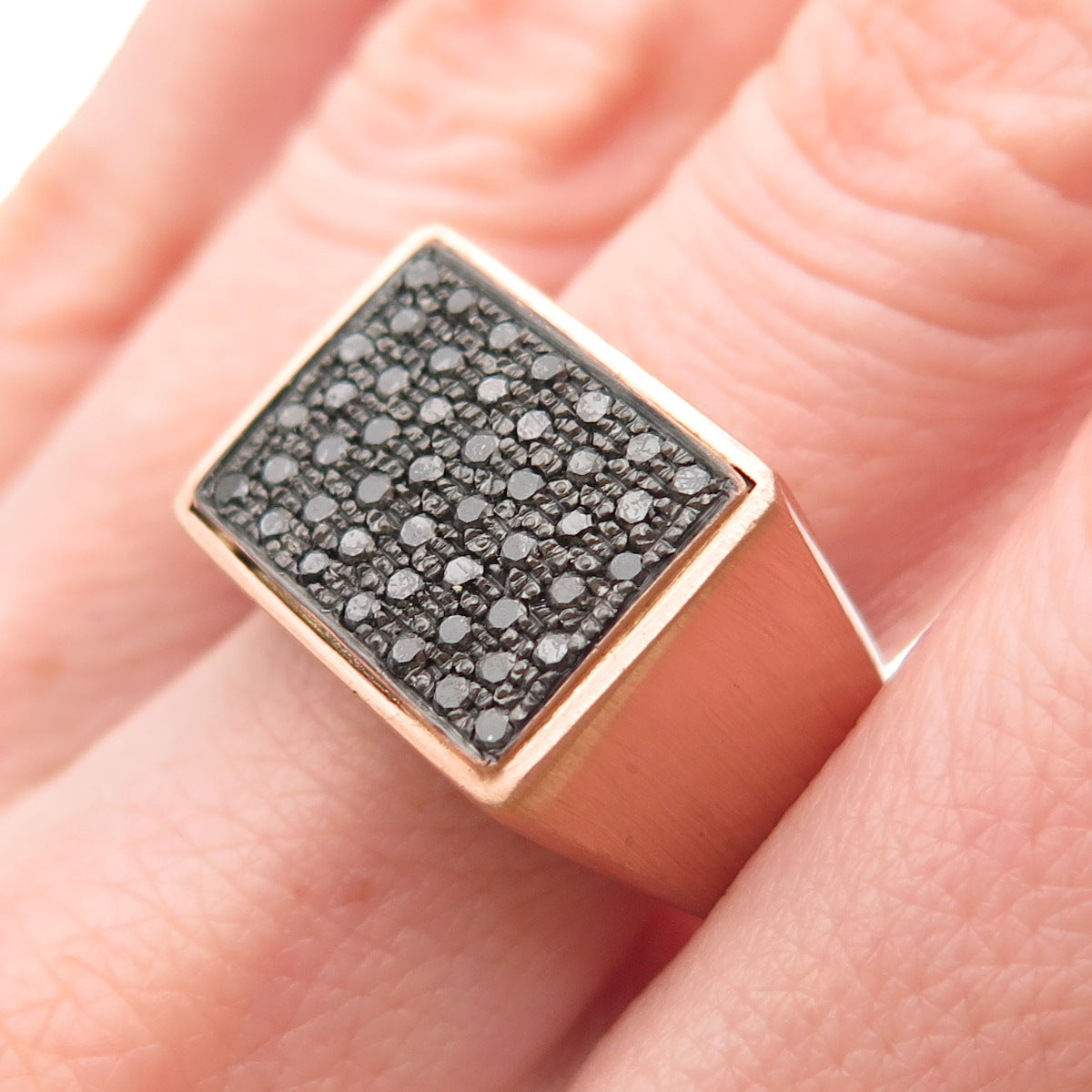 Badel 925 Sterling Silver Rose Gold Plated Real Black Diamond Ring Size 10.5