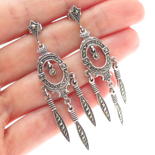 925 Sterling Silver Vintage Real Marcasite Chandelier Dangle Earrings
