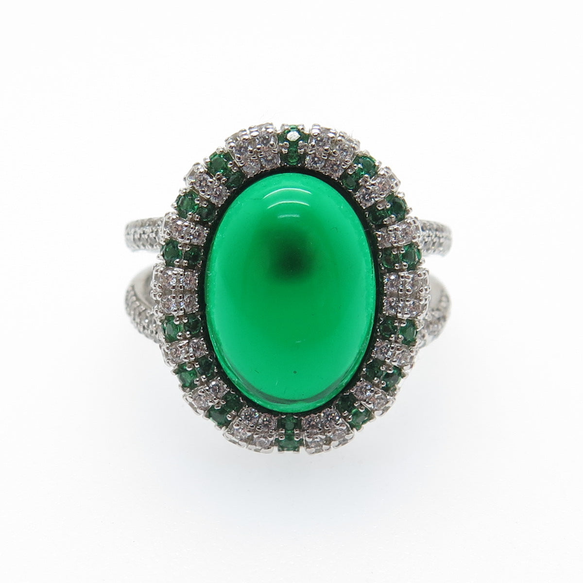 DSMK 925 Sterling Silver Cabochon Nano Emerald & C Z Ring Size 7.25