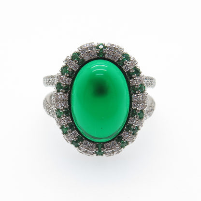 DSMK 925 Sterling Silver Cabochon Nano Emerald & C Z Ring Size 7.25