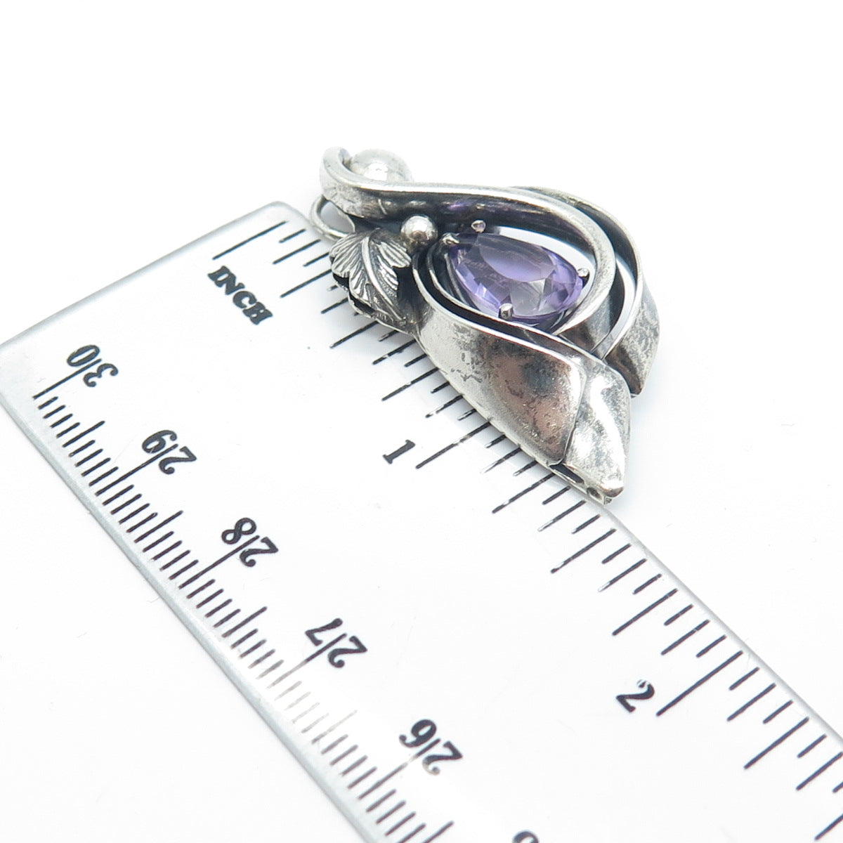 925 Sterling Silver Vintage Real Amethyst Gemstone Leaf Modernist Slide Pendant