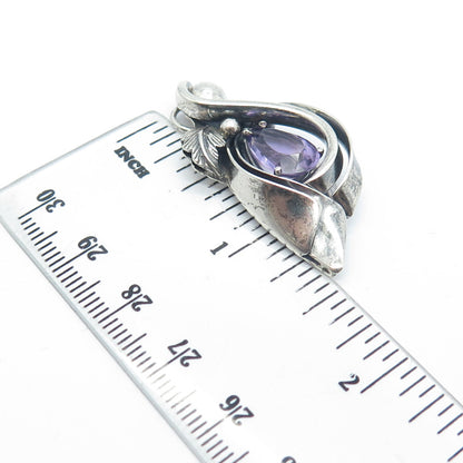 925 Sterling Silver Vintage Real Amethyst Gemstone Leaf Modernist Slide Pendant