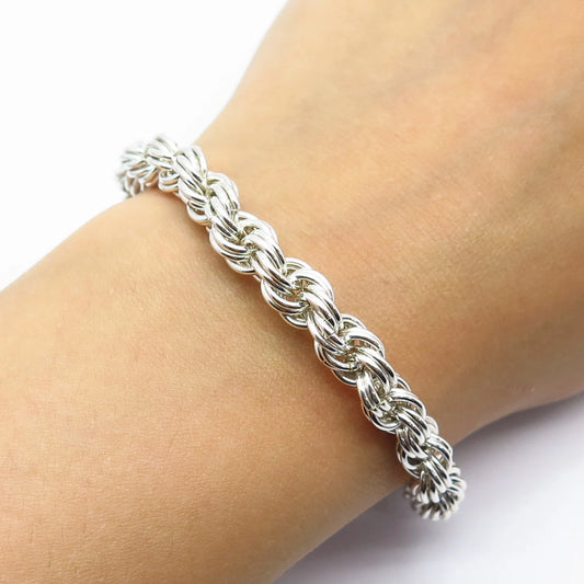 925 Sterling Silver Vintage Heart Lock Charm Twisted Rope Link Bracelet 6.75"