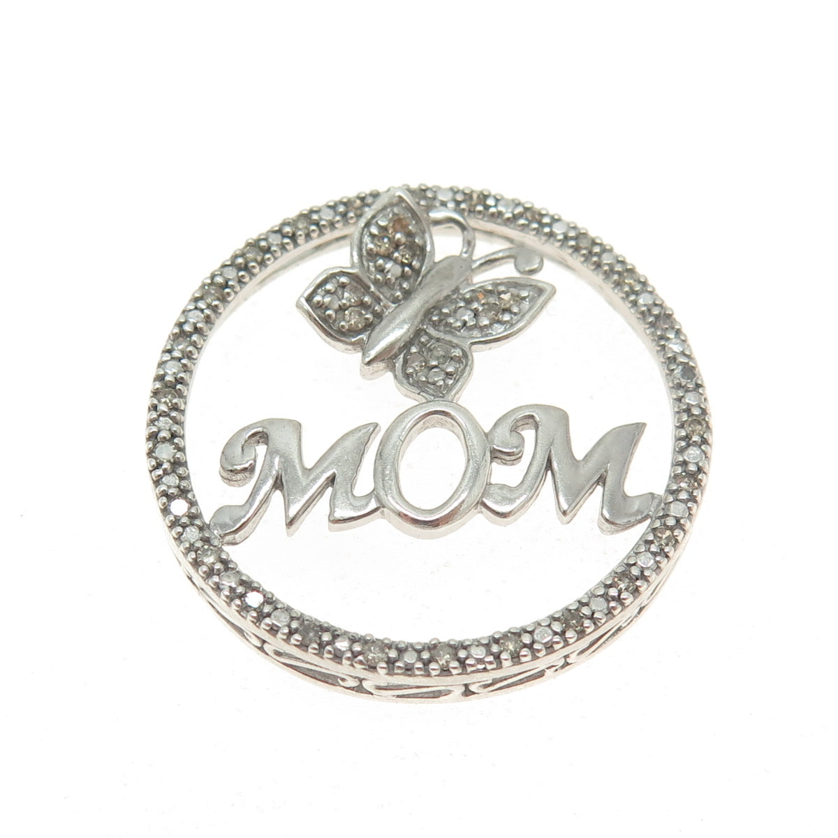 925 Sterling Silver Real Round-Cut Diamond "MOM" Butterfly Circle Slide Pendant