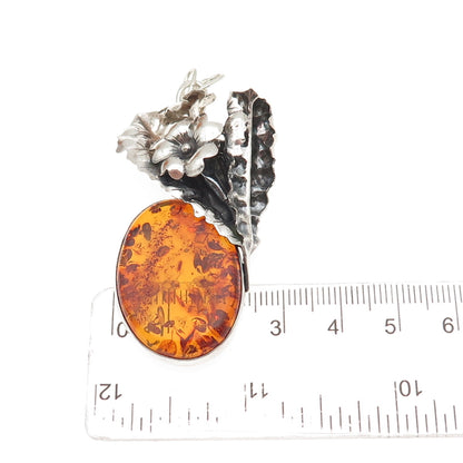 925 Sterling Silver Vintage Real Amber Modernist Floral Oxidized Slide Pendant