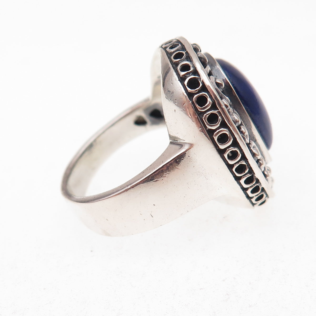 925 Sterling Silver Vintage Real Lapis Modernist Scroll Oxidized Ring Size 7