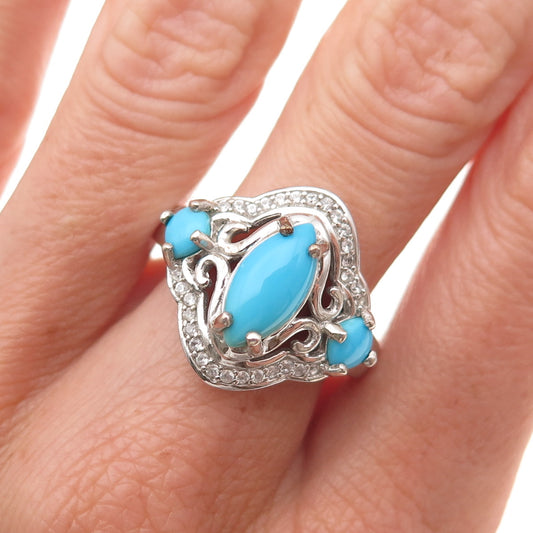 Chuck Clemency 925 Sterling Silver Real Turquoise & White Topaz Ring Size 8