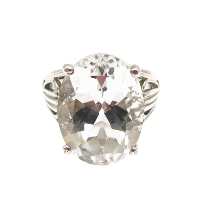 925 Sterling Silver Vintage Real Oval-Cut White Topaz Ring Size 6