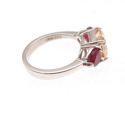 925 Sterling Silver Real Pear-Cut Ruby & Asscher-Cut C Z Ring Size 6