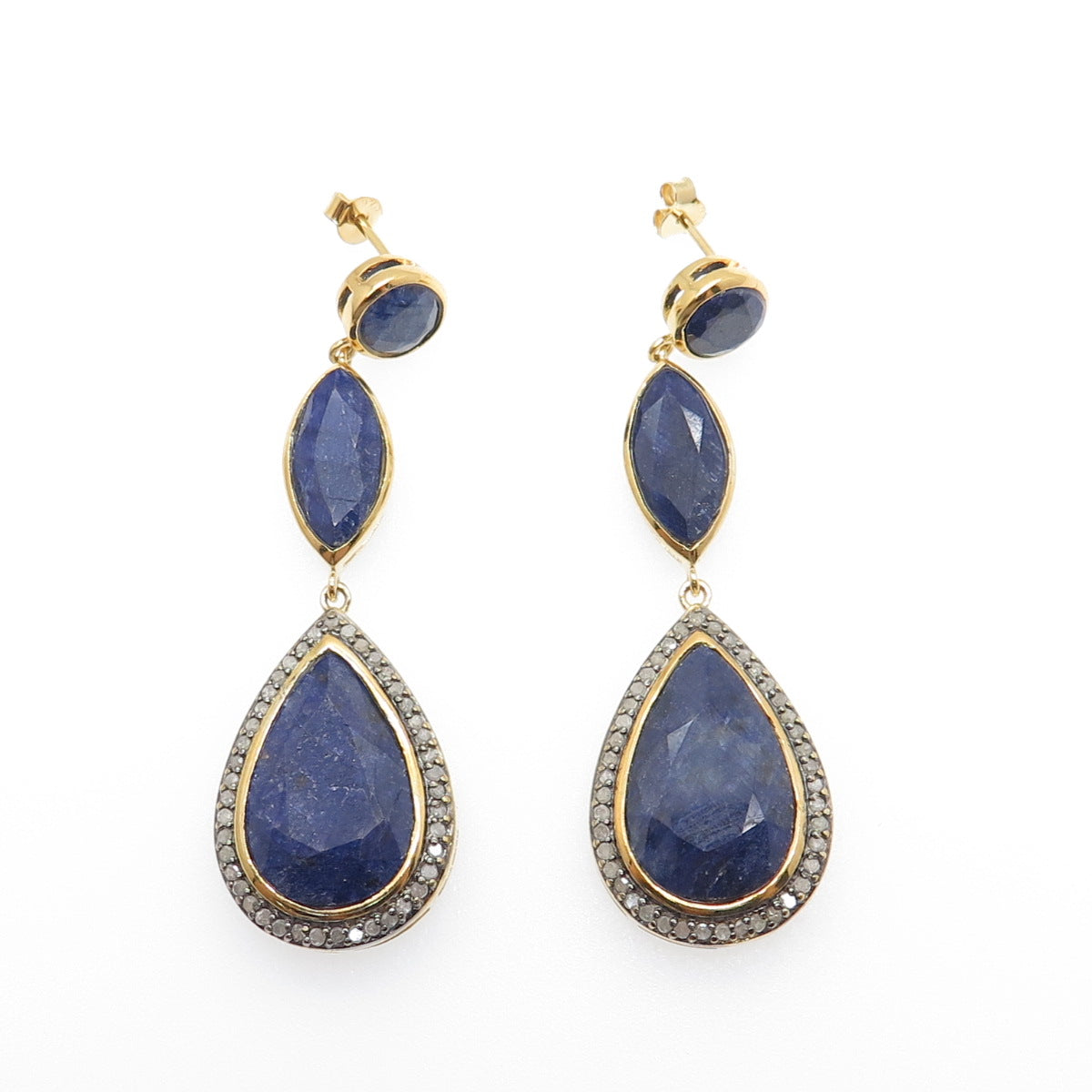 925 Sterling Silver Gold Plated Real Diamond & Sapphire Teardrop Dangle Earrings