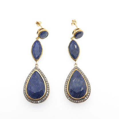 925 Sterling Silver Gold Plated Real Diamond & Sapphire Teardrop Dangle Earrings