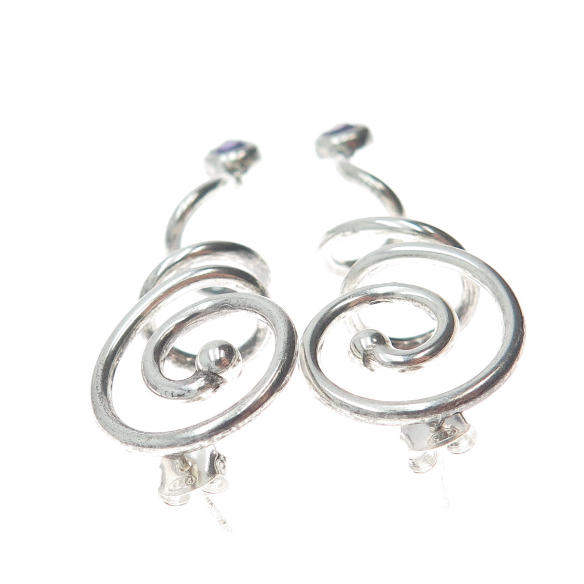 925 Sterling Silver Vintage Real Pear-Cut Amethyst Gem Spiral Dangle Earrings