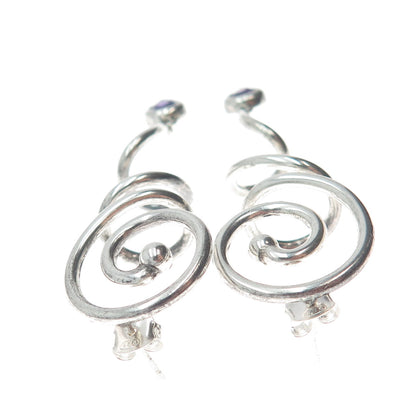 925 Sterling Silver Vintage Real Pear-Cut Amethyst Gem Spiral Dangle Earrings