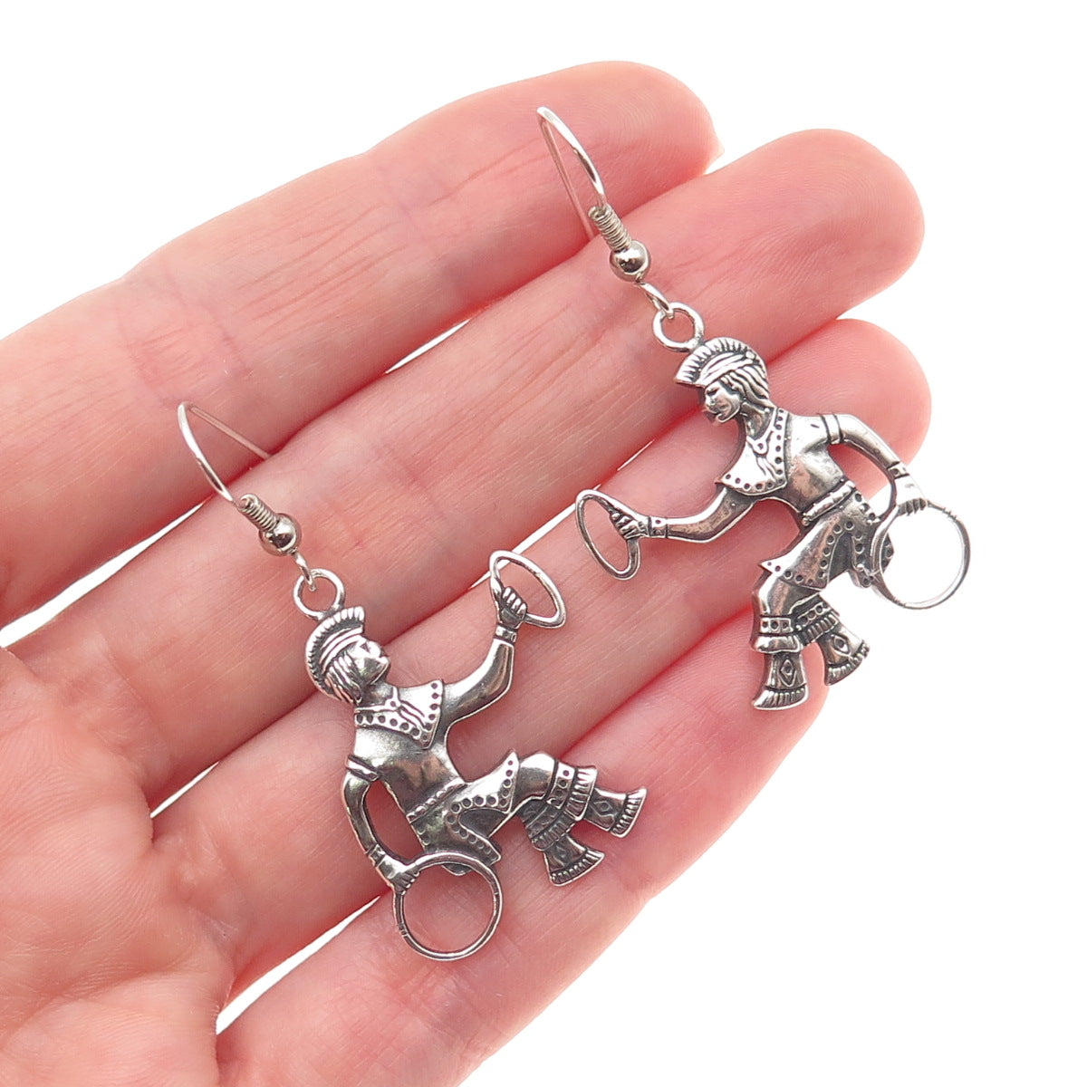 925 Sterling Silver Vintage Mayan Hoop Game Playing Men Oxidized Dangle Earrings