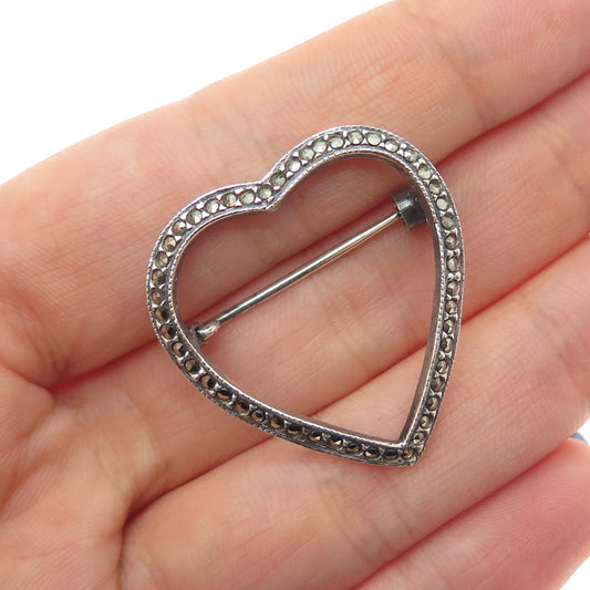 925 Sterling Silver Vintage Real Marcasite Heart Oxidized Pin Brooch