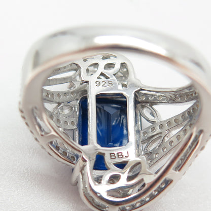925 Sterling Silver Emerald-Cut Blue & White C Z Bypass Ring Size 7