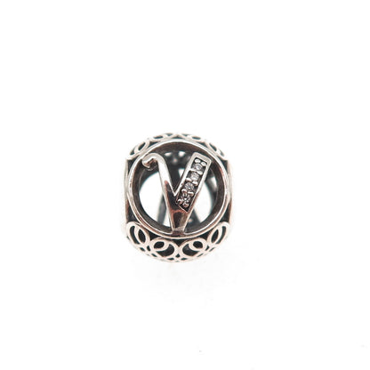 Pandora 925 Sterling Silver C Z Letter V Initial Slide Bead Charm