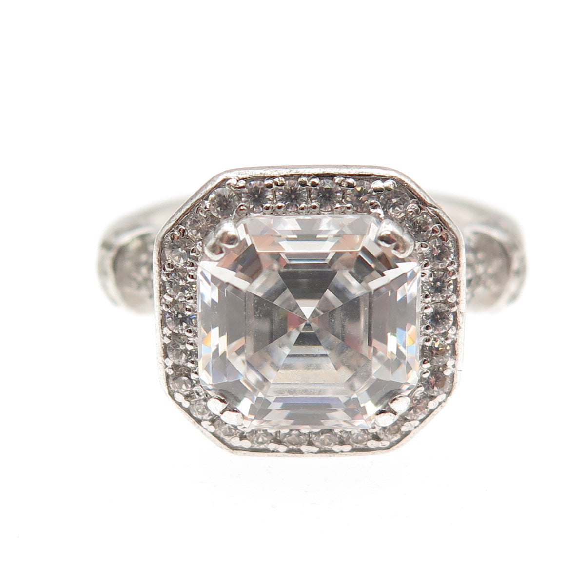 925 Sterling Silver Asscher & Round-Cut C Z Engagement Ring Size 8.25