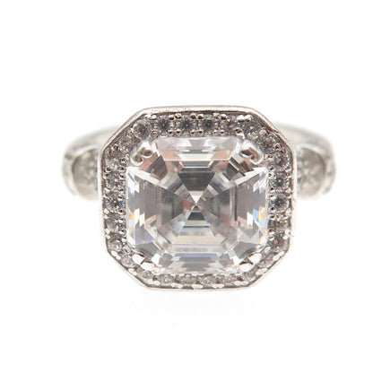 925 Sterling Silver Asscher & Round-Cut C Z Engagement Ring Size 8.25
