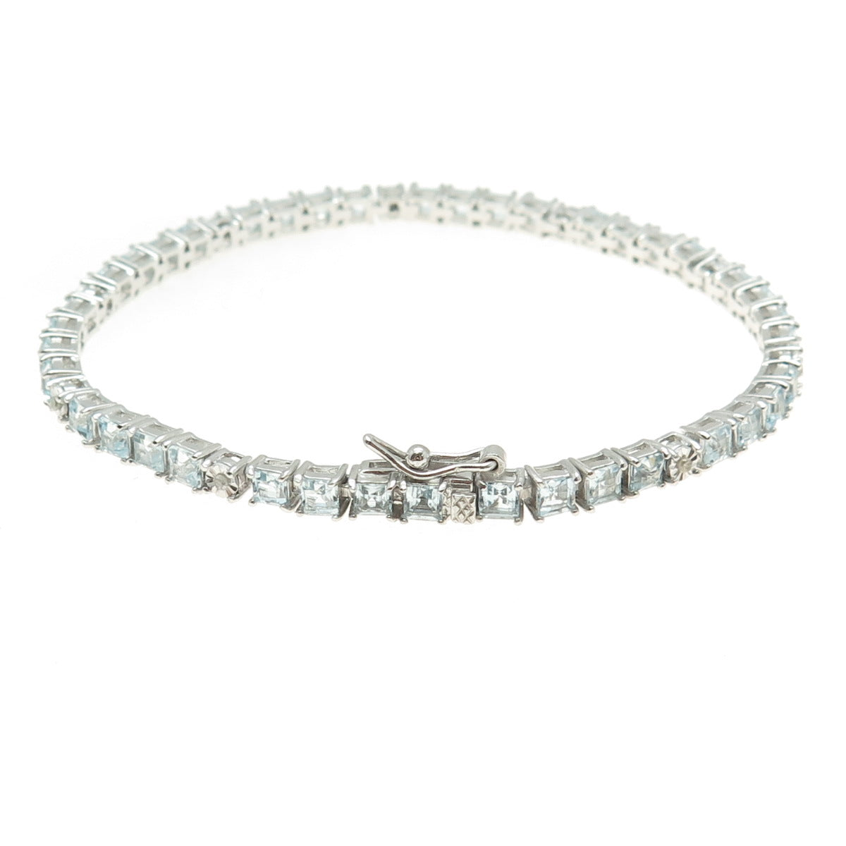 925 Sterling Silver Real Diamond & Princess-Cut Blue Topaz Bracelet 7.25"