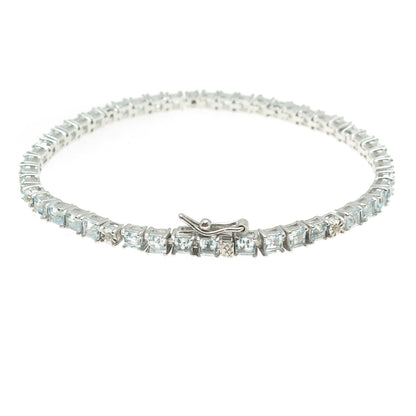 925 Sterling Silver Real Diamond & Princess-Cut Blue Topaz Bracelet 7.25"