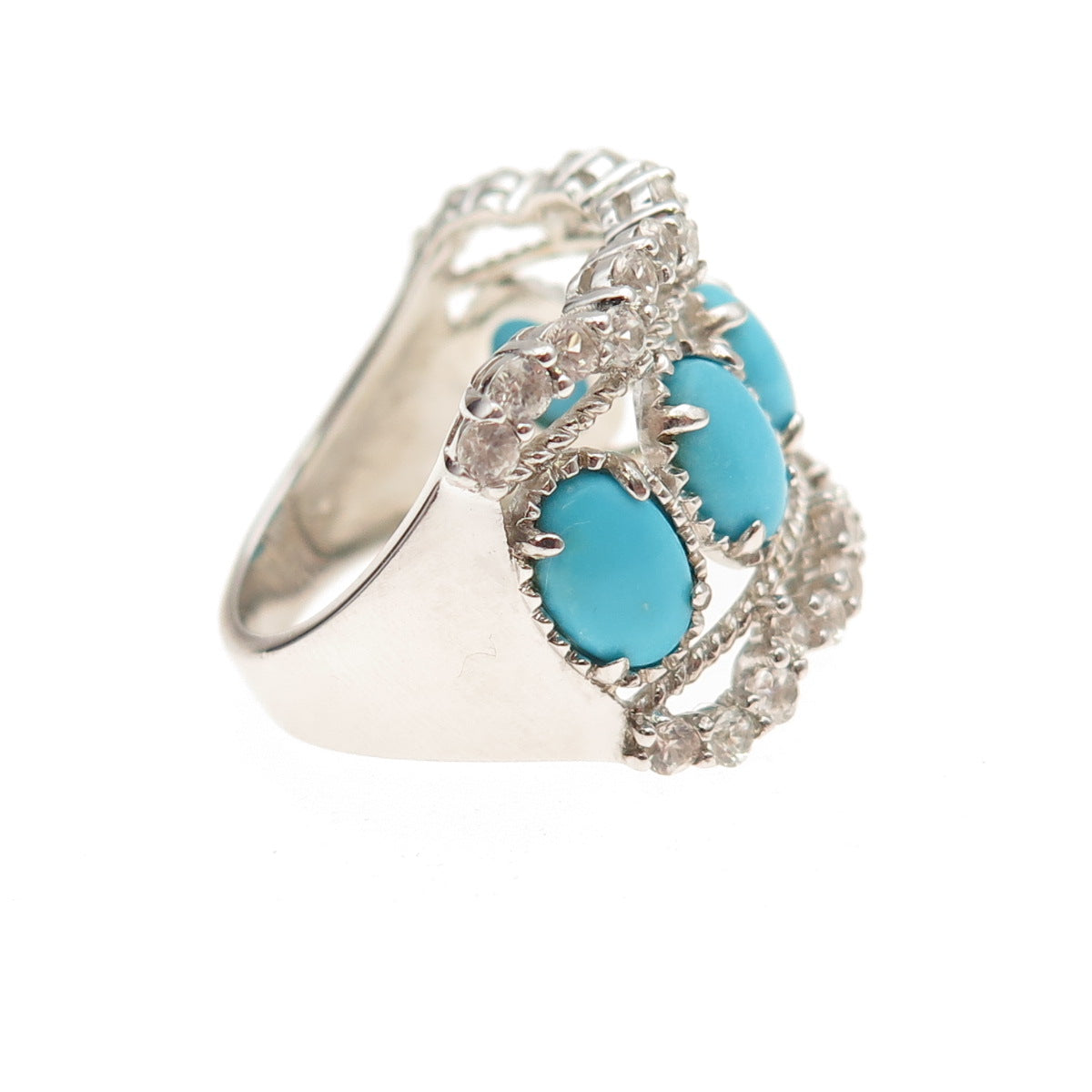 925 Sterling Silver Real Sleeping Beauty Turquoise & White Topaz Ring Size 8