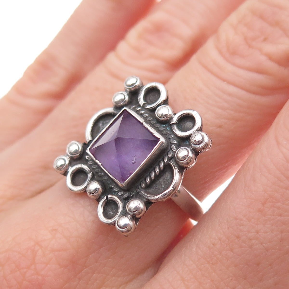 925 Sterling Silver Vintage Mexico Real Amethyst Oxidized Ring Size 6.75
