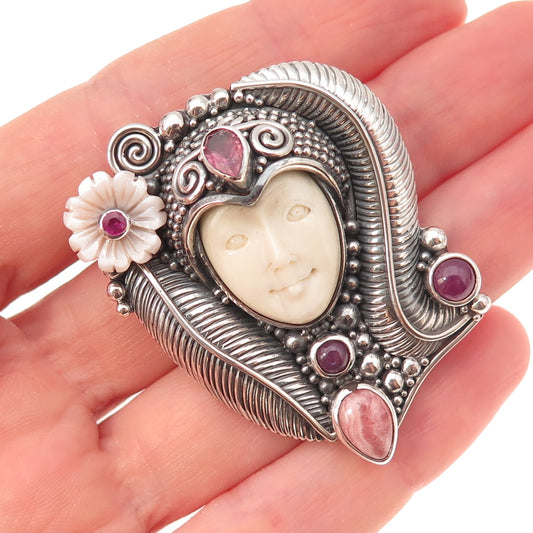 Sajen 925 Sterling Vintage Ruby Tourmaline Rhodochrosite MOP Pin Brooch Pendant