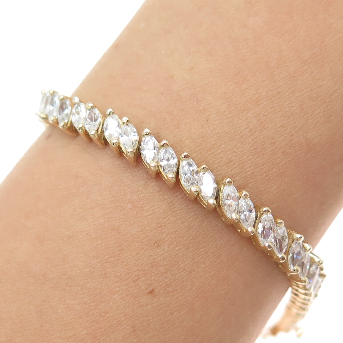 925 Sterling Silver Gold Plated Marquise-Cut C Z Tennis Link Bracelet 7"