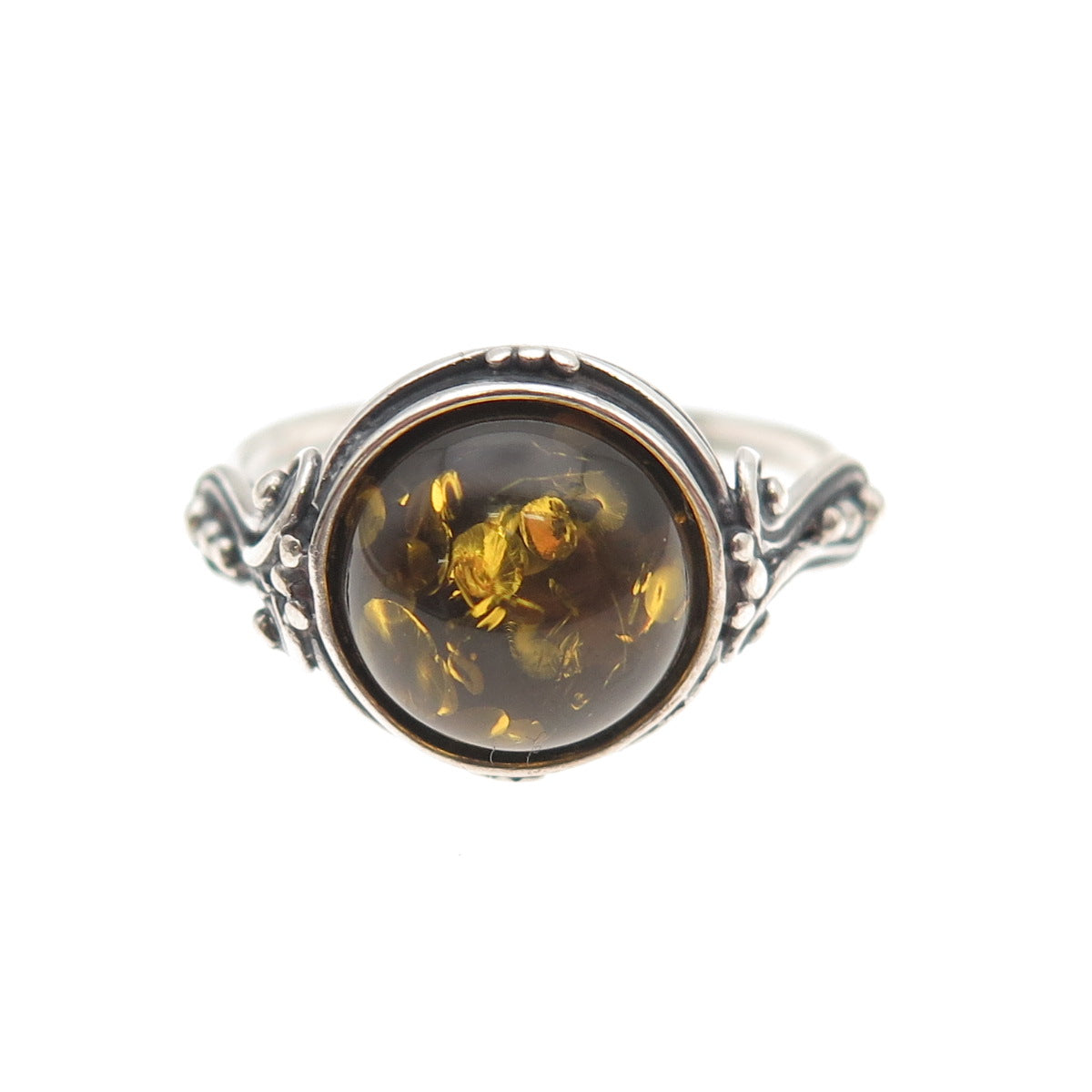 925 Sterling Silver Vintage Real Amber Oxidized Ring Size 8
