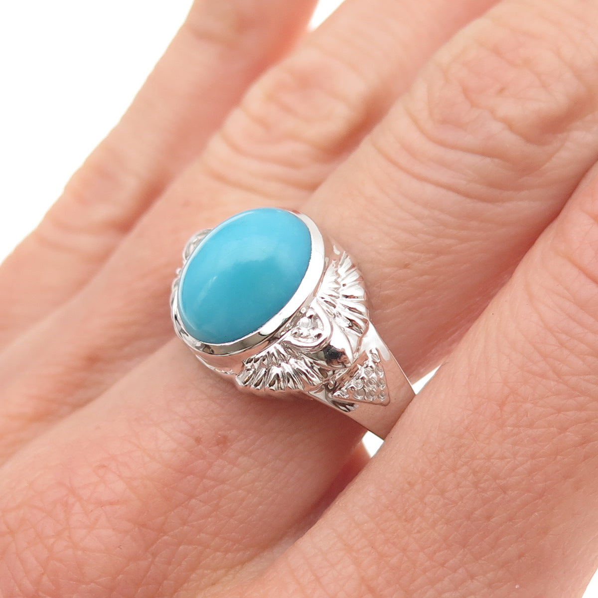 925 Sterling Silver Real Sleeping Beauty Turquoise & White Topaz Ring Size 8