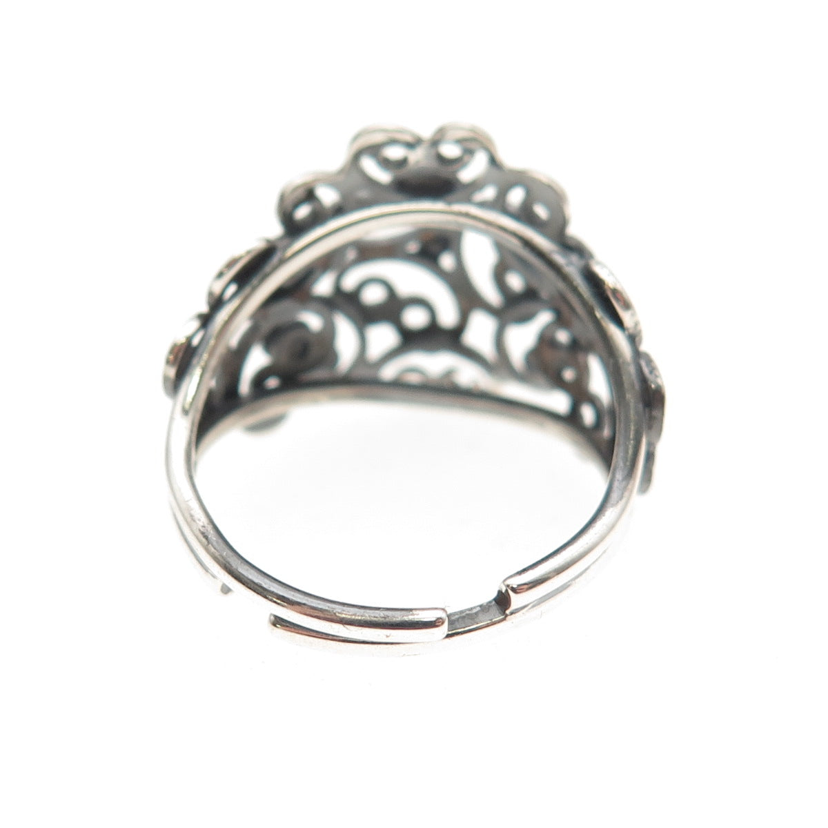 Beau Sterling Silver Antique Art Deco Heart Filigree Adjustable Ring Size 6.25