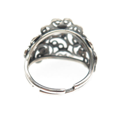 Beau Sterling Silver Antique Art Deco Heart Filigree Adjustable Ring Size 6.25
