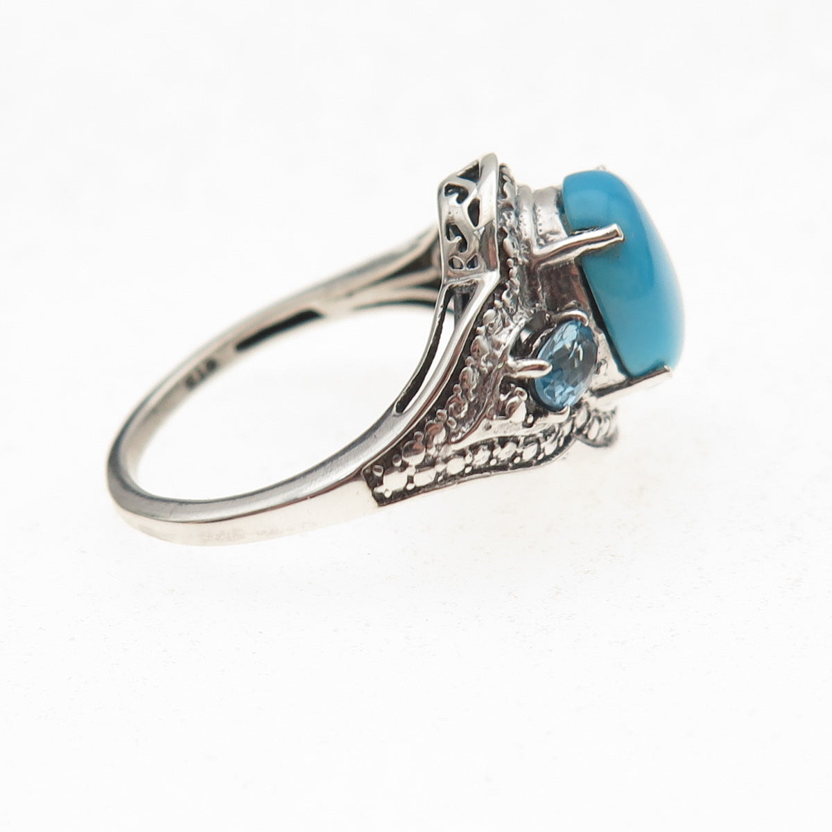 Chuck Clemency 925 Sterling Silver Real Turquoise & Blue Topaz Ring Size 7.25