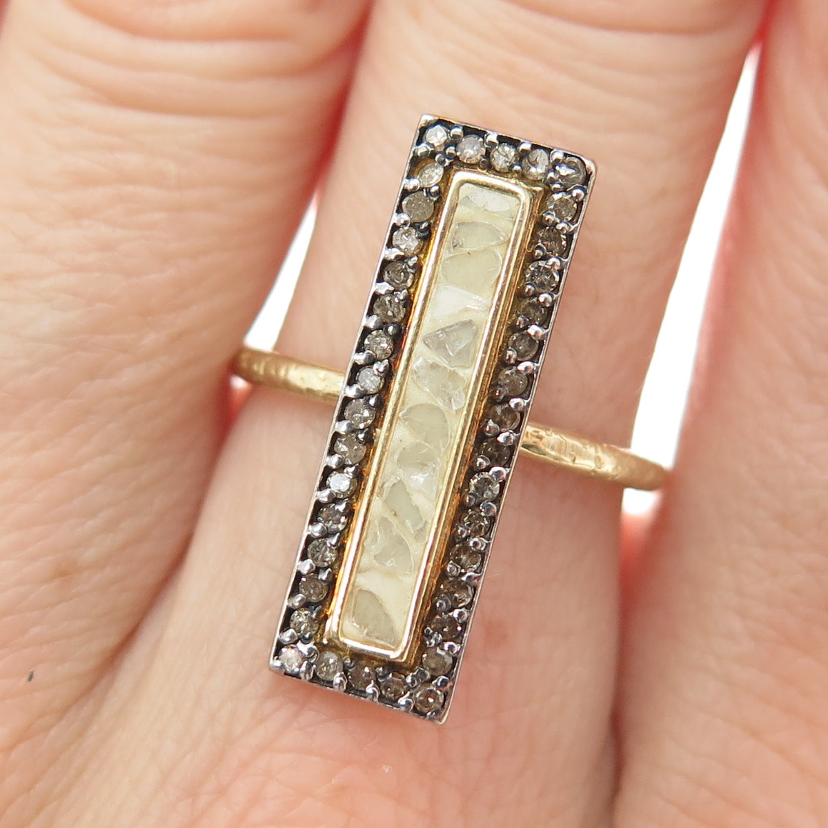 925 Sterling Gold Plated Champagne White Diamond Inlay Adjustable Ring Size 6.5